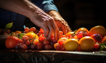 Close-up of servant hands preparing fresh fruit . Generative AI