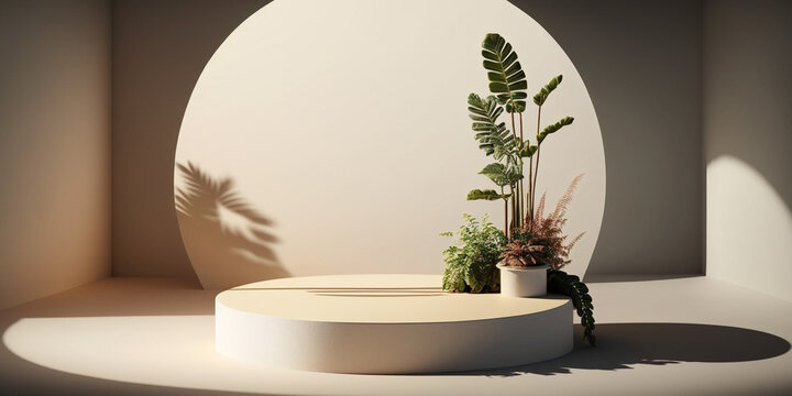 White display podium background with natural lighting and fern plants on top. Created with Generative AI technology