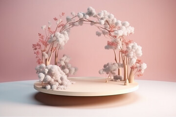 Round white stage decorated with botanical arch on pink background. Created with Generative AI technology
