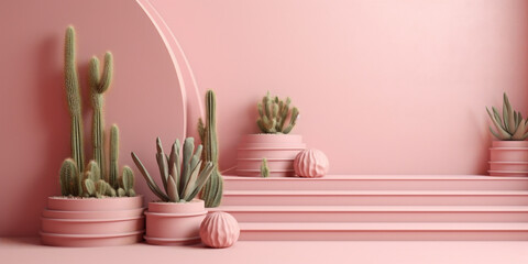 Cactus succulent plants on pink background with copy space. Created with Generative AI technology