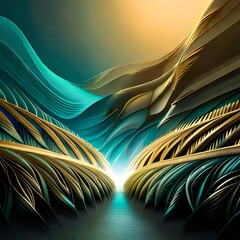 Beautiful widescreen minimalistic black background with 3D abstract composition of turquoise and gold leaves.AI generated
