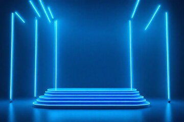 Neon light blue podium on blue background