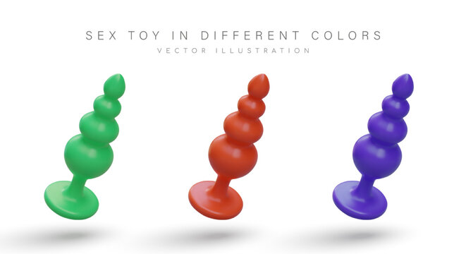 Beaded anal plugs of different colors. Realistic prostate massager. Set of isolated vector illustrations. Stimulation of anus. Safe anal plug. Toys for adults. Sex shop goods