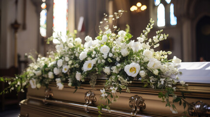 Fototapeta na wymiar Generative AI, white flowers lie on the coffin in the temple, funeral ceremony, farewell to the deceased, christian catholic church, grave wreath, death, grief, space for text