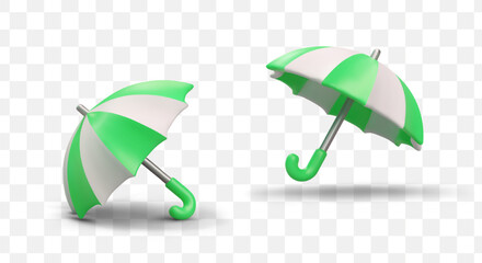 Realistic green and white rain umbrella. Set of vector objects with shadows. Classic accessory for rainy weather. Illustration for meteorological website, application © ArtHub02