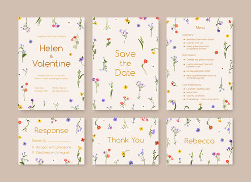 Wedding inviting cards templates set. Marriage invitation, Save the Date, Response, Menu background designs with field flowers, meadow wildflowers, delicate floral design. Flat vector illustrations