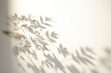 Shadow of leaves on white wall with sunlight and shadows. Nature background.