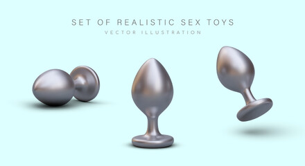 Classic butt plug with limiter. Silver sex toy for adults. Smart plug with vibration. Anal metal device for men and women. Theme color icons for sex shop