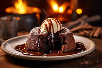 Chocolate lava cake with vanilla ice cream served on a plate