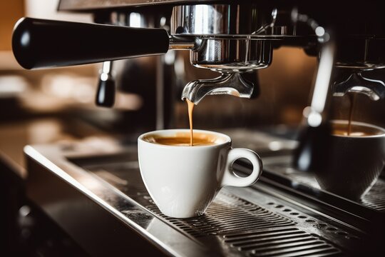 This image captures the moment when espresso is being poured from a coffee machine at a cafe. The fresh aroma of coffee and the rich texture unfold before your eyes.

 Generative AI