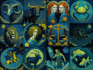 Obraz premium Set of zodiac signs icons. Aries, Leo, Gemini, Taurus, Scorpio, Aquarius, Pisces, Sagittarius, libra, Virgo, Capricorn, and cancer.