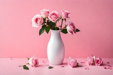 Pink roses in a vase on a pink background.