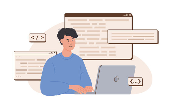 Programmer working on web development in php, python, javascript on virtual computer screen. Software engineering and script coding concept. Software developers. Flat vector isolated illustration.