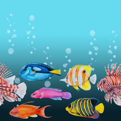 Fototapeta premium Watercolor drawing seamless border of colorful fish: royal angel, lionfish, antias, butterfly fish, surgeonfish, friedman fish and air bubbles on blue water background. Underwater illustration for