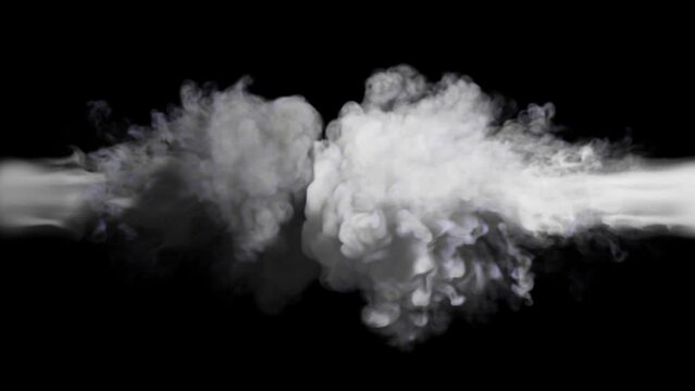 Puffs of white smoke collide from two sides on a black background. 3d illustration.