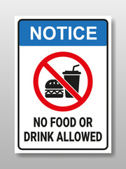 Notice no food or drink allowed sign. Forbidden to bring food and drink. Design for sticker or placards.