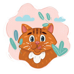 Vector illustration of cut funny red cat face