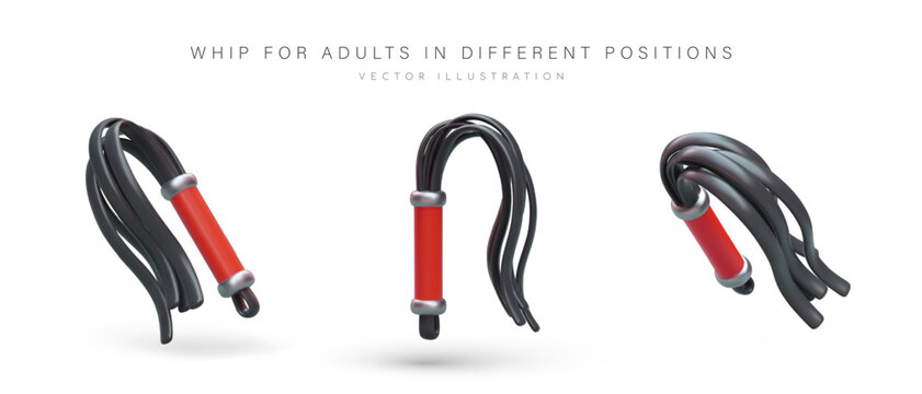 Multi tailed whip for adults. Flogger with plastic handle. Accessory for flagellation. BDSM toys. Illustrations for sex shop. Isolated vector images, color icons