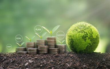 Sustainable development of green business and big pile of coins with seedlings growing on top concept of green business, finance and sustainable investment, carbon credit investment save money