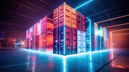 Modern accounting and warehousing of containers in large storage areas. Digital neon illumination of storage bins, their numbers and names of packaged goods with delivery addresses.