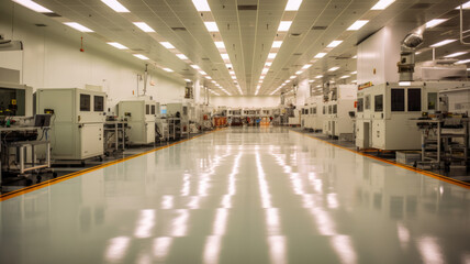 Fototapeta premium a clean, brightly lit semiconductor fab floor with lots of large white machines .generative ai