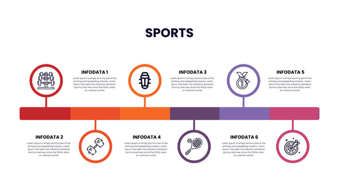 excercise, gym weight, shin guards, tennis game, golden medal, dartboard with dart outline icons. infographic template.