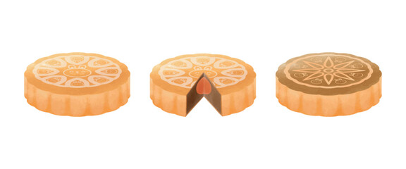 set of Moon cake Chinese mid autumn festival food watercolor on white blackground vector illustration