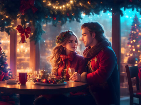 Happy couple sitting in cafe, restaurant on christmas, romantic festive moment. New year celebration.
