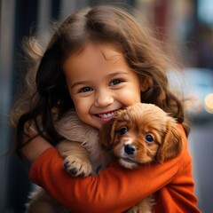 Little smiling girl holding a puppy