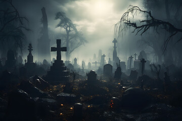 Dark spooky graveyard in the night ai generated art.