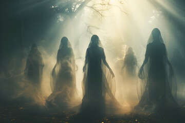 Silhouette of scarry woman ghost in forest ai generated art.