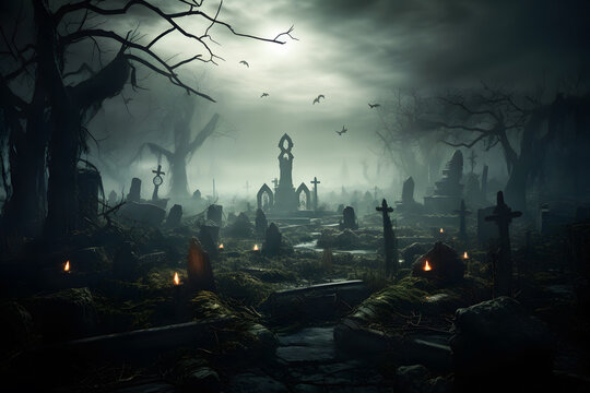Halloween night scene with graveyard deskstop ai generated art
