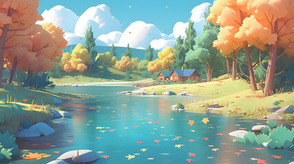 3d cartoon style lake forest