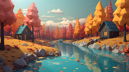 3d cartoon style lake forest