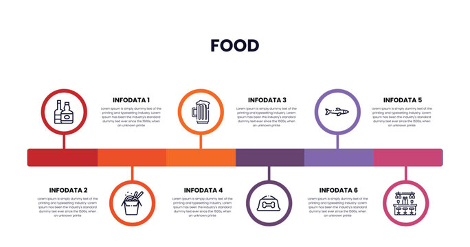 alcoholic, chinese food box, pint, dog food, sardines, cafe bar outline icons. infographic template.