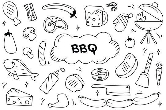 Line set BBQ in cartoon design. Creations with a black and white illustration set centered around BBQ motifs, showcasing detailed line art for design approach. Vector illustration.