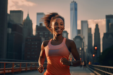A woman in athletic wear is running through the streets of New York.
