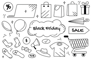 Line set Black Friday in cartoon design. Atmosphere of Black Friday with a black and white illustration set, utilizing bold lines to emphasize the design's energy. Vector illustration.