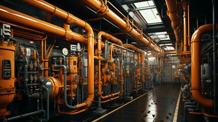 Fototapeta premium Modern chemical industrial equipment, pipelines with valves for pumping liquids of oil, gasoline and diesel at an oil refinery petrochemical plant. AI generated