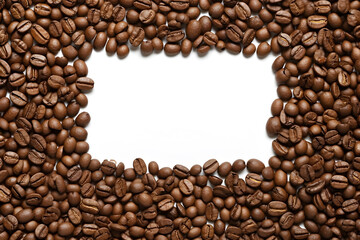 Frame made from roasted coffee beans over white background. Generative ai