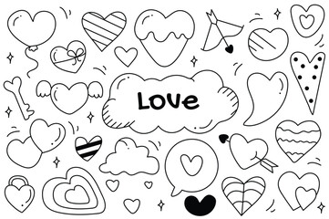 Fototapeta premium Line set Love in cartoon style. Beautiful black and white design set centered around a love theme, employing precise lines in the illustrations to convey romantic sentiments. Vector illustration.
