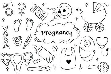 Line set Pregnancy in cartoon design. Black-and-white design set with pregnancy-themed illustrations, intricately crafted using fine lines to depict the journey of maternity. Vector illustration.