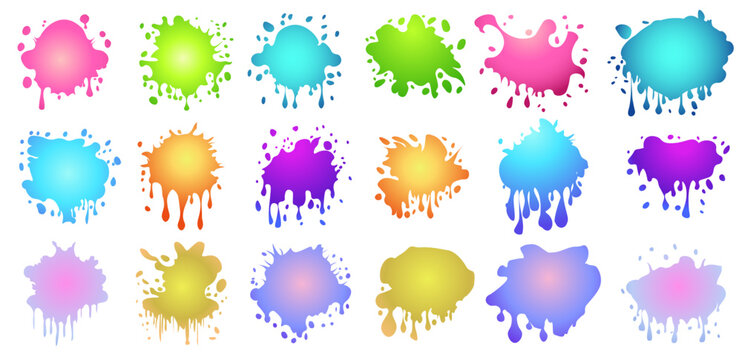 Color splash of paints, spray drops staining, frame with wet paint drop traces. Grunge water spray drop spatter, dirty blot splatters and splash silhouettes. Vector illustration, white background.