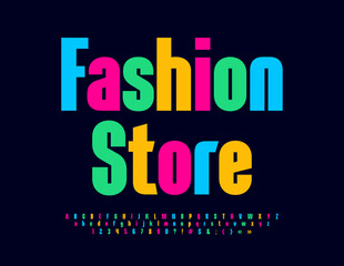 Vector advertising emblem Fashion Store. Elegant colorful Font. Bright Alphabet Letters, Numbers and Symbols