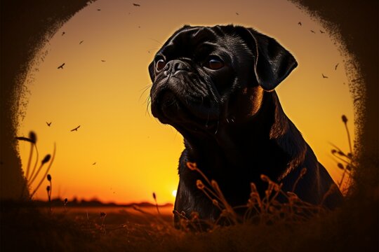 A pug dogs silhouette against a sunset, digitally rendered with warmth