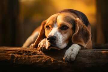 A serene veteran beagle rests, cradling its head on paws, peacefully