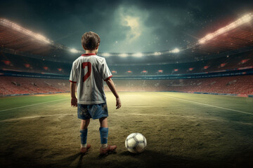 concept dramatic picture of a young boy standing soccer in a stadium - obrazy, fototapety, plakaty