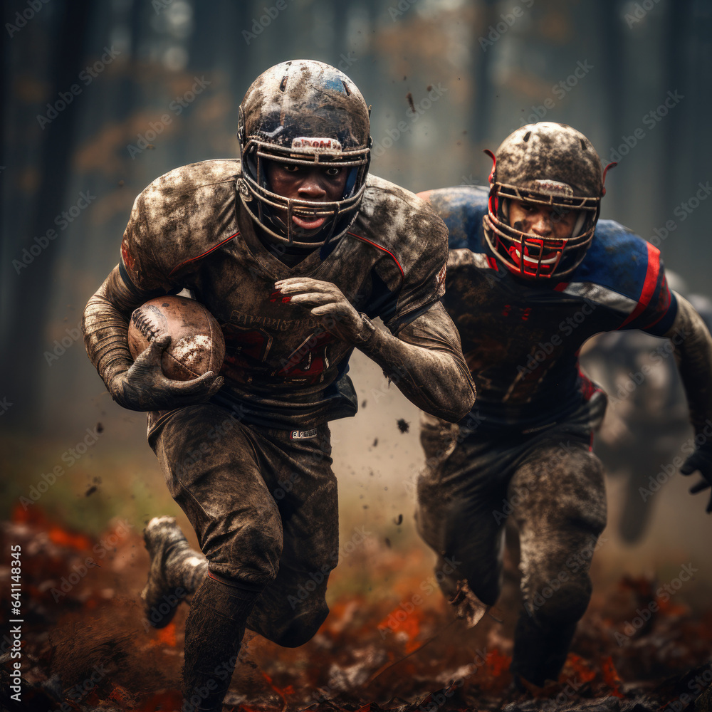 Wall mural Two American football players are fighting for the ball in the autumn forest. created by generative AI technology.