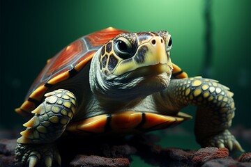 Naklejka premium A vivid high res image features a wise green turtle against red