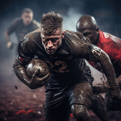 Fototapeta na wymiar Rugby players fighting for the ball on a smoky background. created by generative AI technology.